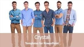  Presentation with group - Colorful slide set enhanced with white background and smiling three backdrop and a coral colored foreground