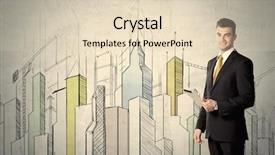  Presentation with grey line drawings of tall buildings - Presentation consisting of white background city scape - young adult businessman standing background and a lemonade colored foreground