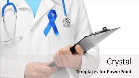  Presentation with blue ribbon - Presentation having white background closeup prostate cancer background and a light gray colored foreground