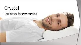  Presentation with orthopedic - Audience pleasing presentation theme consisting of young man lying on bed with orthopedic pillow against white background healthy posture concept backdrop and a white colored foreground