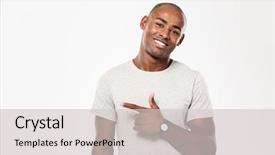  Presentation with cheerful - Cool new slides with white background looking camera pointing backdrop and a light gray colored foreground