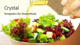  Presentation with salad dressing - Audience pleasing slides consisting of fresh salad with olive oil isolated on white background pouring salad dressing into cutting vegetables organic food healthy nutrition concept backdrop and a blonde colored foreground