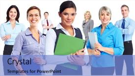  Presentation with business people - Audience pleasing slide deck consisting of white background professional financial - smiling businesswoman and group backdrop and a  colored foreground