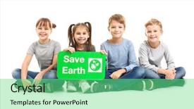  Presentation with save earth - PPT theme featuring children with poster on white background and a seafoam green colored foreground