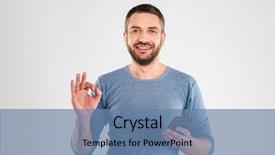  Presentation with happy image - Cool new PPT theme with white background wall looking camera backdrop and a teal colored foreground