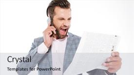  Presentation with young man on the phone - Slides consisting of white background while holding gazette background and a light gray colored foreground