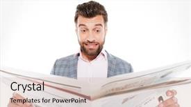  Presentation with young man on the phone - Beautiful presentation featuring white background while reading gazette backdrop and a soft green colored foreground