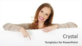  Presentation with blank - Amazing slides having white banner - happy woman pointing on blank backdrop and a white colored foreground