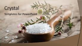  Presentation with spoon - PPT theme with white bath salt on wooden background and a soft green colored foreground
