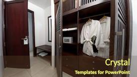  Presentation with urban design - Colorful slide set enhanced with white bathrobe with wooden hangers backdrop and a tawny brown colored foreground