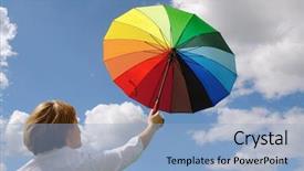  Presentation with wooden cross against the sky - Amazing slides having white blouse holding multicolored umbrella backdrop and a  colored foreground