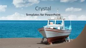  Presentation with boat - Audience pleasing PPT theme consisting of white-boat-on-beach-closeup backdrop and a light blue colored foreground