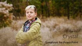  Presentation with outdoors - Presentation theme having white-boy-wearing-jacket-smiling background and a coral colored foreground