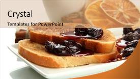 Presentation with cup coffee - Audience pleasing slide set consisting of white bread toast with jam and cup of coffee isolated on white backdrop and a coral colored foreground