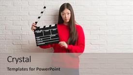  Presentation with clapboard - Slide set having white brick wall holding clapboard background and a  colored foreground