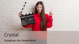  Presentation with clapboard - Cool new slide deck with white brick wall holding clapboard backdrop and a  colored foreground