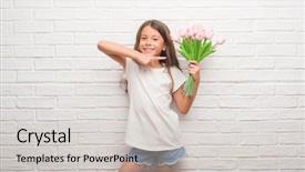  Presentation with hand holding flowers - Theme enhanced with white brick wall holding flower background and a  colored foreground