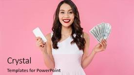  Presentation with dress ethics - Amazing presentation theme having white brown money - adult asian woman in dress backdrop and a lemonade colored foreground