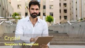  Presentation with stairs - Slides enhanced with white-brunette-businessman-holding-clipboard background and a tawny brown colored foreground