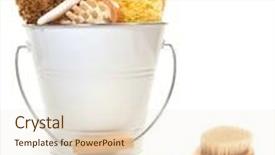  Presentation with sponges - PPT theme consisting of white bucket filled with sponges scrub brushes on white background and a cream colored foreground