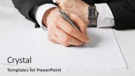  Presentation with descriptive writing - Colorful PPT theme enhanced with white business - picture of businessman writing something backdrop and a white colored foreground