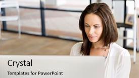  Presentation with computer - Amazing theme having white business - portrait of businesswoman working backdrop and a light gray colored foreground
