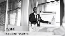  Presentation with giving - Theme having white business - young businessman pointing towards graph background and a light gray colored foreground