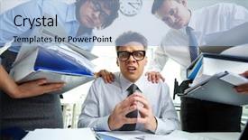  Presentation with piles - Slide set consisting of frustrated young business man working - pleading accountant looking at camera background and a light blue colored foreground