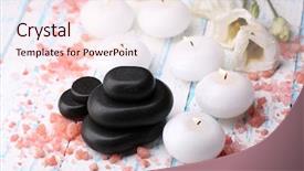  Presentation with wooden board empty table top - Theme having white candles - composition of spa treatment background and a  colored foreground