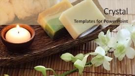  Presentation with handmade spa lavender soap - Slide deck with white candles - spa still life with soap background and a coral colored foreground