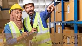  Presentation with warehouse - Audience pleasing presentation theme consisting of white-caucasian-warehouse-manager-command backdrop and a coral colored foreground