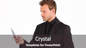  Presentation with phone - Presentation theme enhanced with white cells - serious attractive businessman texting background and a  colored foreground