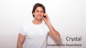  Presentation with talking on phone - Audience pleasing presentation design consisting of white cells - young casual man talking backdrop and a  colored foreground