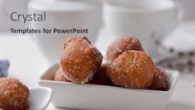  Presentation with lent - Slides with white ceramic bowl with a pile of bunyols de quaresma typical pastries of catalonia spain eaten in lent on a table set with a white tablecloth background and a light gray colored foreground