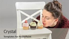  Presentation with banoffee pie cake on white - Theme with white chair young girl bent background and a soft green colored foreground