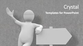  Presentation with character - Presentation design featuring white character leaning on signpost background and a gray colored foreground