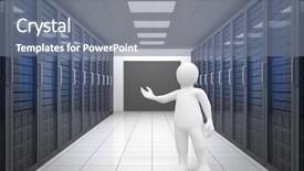  Presentation with server room - Amazing slide deck having white character orating against server backdrop and a gray colored foreground