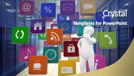  Presentation with server room - Colorful PPT theme enhanced with white character thinking against digitally backdrop and a ocean colored foreground