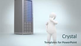  Presentation with character - Colorful presentation design enhanced with white character thinking against digitally backdrop and a sky blue colored foreground