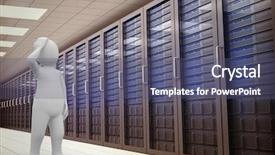  Presentation with server room - Slide set featuring white character thinking against server room with towers background and a ocean colored foreground