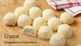  Presentation with coconut leaves for coconut - Presentation theme consisting of white chocolate bonbons with coconut background and a yellow colored foreground