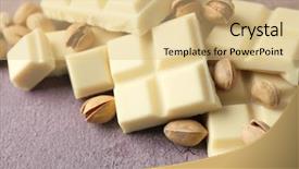  Presentation with chocolate nuts - Colorful presentation theme enhanced with white chocolate pieces with nuts on color wooden background backdrop and a yellow colored foreground
