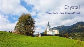 Presentation with green travel - Slide deck having white-church-and-bell-tower background and a sky blue colored foreground