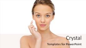  Presentation with face scrub cream - Beautiful slide set featuring white clean - young woman applying cream backdrop and a  colored foreground
