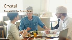  Presentation with taking notes - Slides enhanced with white collar - productive negotiations at modern restaurant background and a sky blue colored foreground