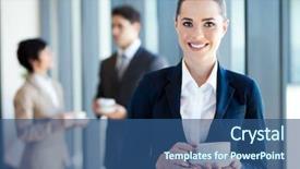  Presentation with coffee - Colorful PPT theme enhanced with white collar - young businesswoman having coffee break backdrop and a ocean colored foreground