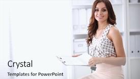  Presentation with office - Presentation theme with white collar - young happy businesswoman in office background and a sky blue colored foreground