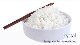  Presentation with basmati rice white rice rice - Audience pleasing slides consisting of white cooked china rice inside porcelain bowl backdrop and a sky blue colored foreground