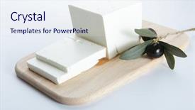  Presentation with feta cheese - Colorful theme enhanced with white cube - feta cheese with olive backdrop and a sky blue colored foreground