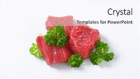  Presentation with raw meat - Colorful PPT theme enhanced with white cube - pile of raw beef meat backdrop and a pink colored foreground